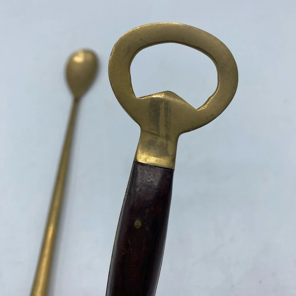 Vintage Brass Barware Bottle Opener Hammer /ice pick Wood Handle Stirring Spoon